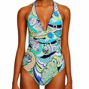 TRINA TURK Nomad Paisley Print Plunge Front Halter One Piece Swim Suit